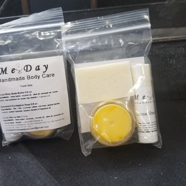 Travel size soap, body butter & 1 Lip Balm tube in plastic zip bag